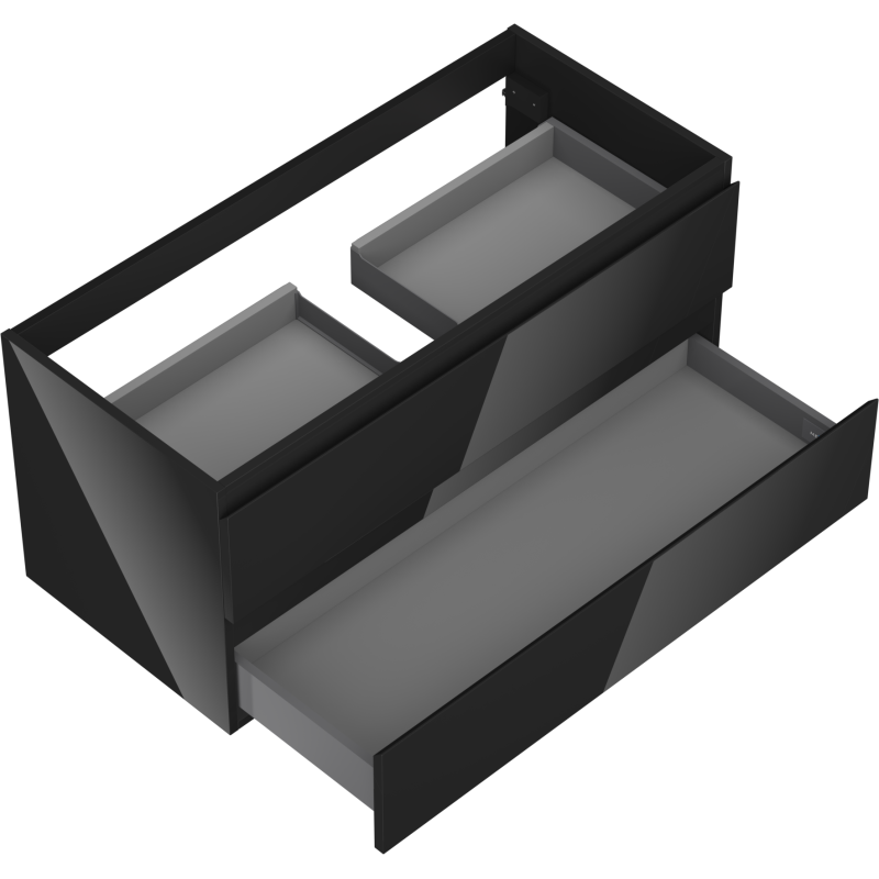 Servantskap til bad i svart høyglans med to åpne skuffer, moderne design, sett skrått ovenfra.