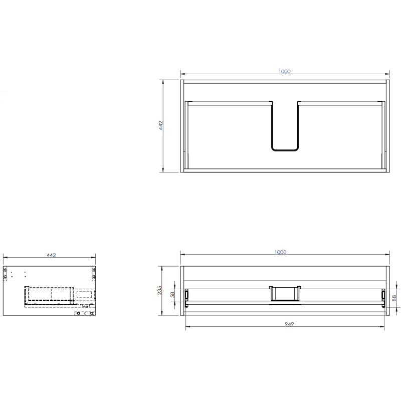 Servantskap til bad teknisk tegning med mål og dimensjoner for Mexen Orio 100 cm.