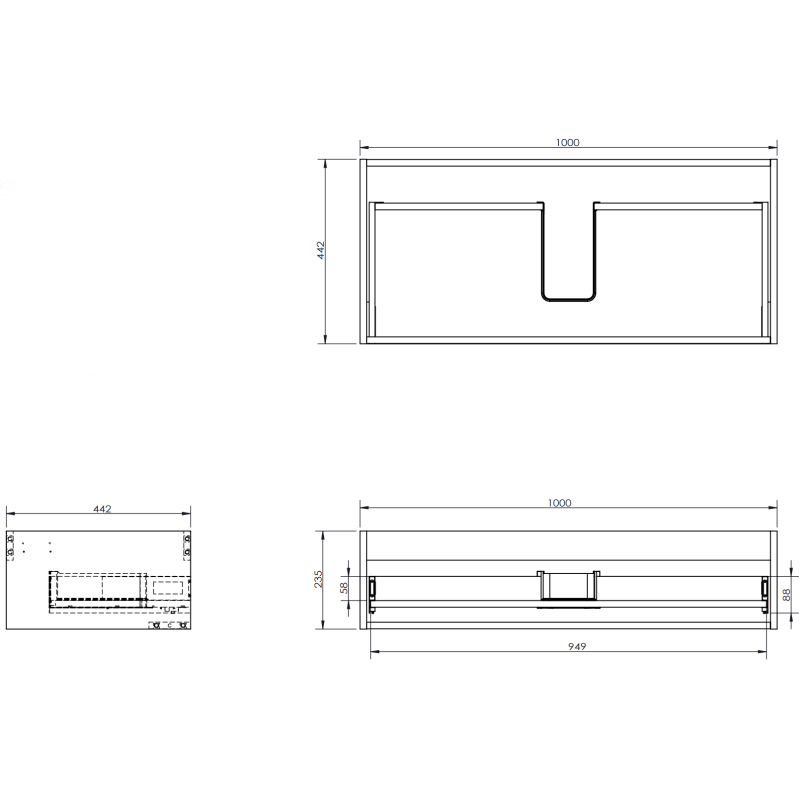 Servantskap til bad teknisk tegning med mål for Mexen Orio 100 cm, vist fra topp, front og side.