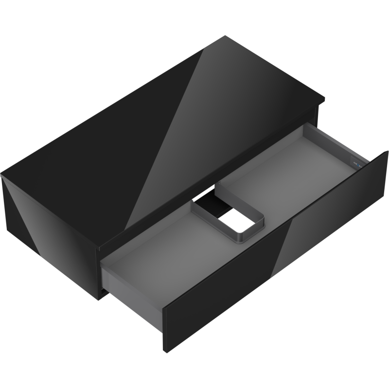 Servantskap uten vask svart høyglans 100 cm med åpen skuff og U-formet inndeling, sett skrått ovenfra.