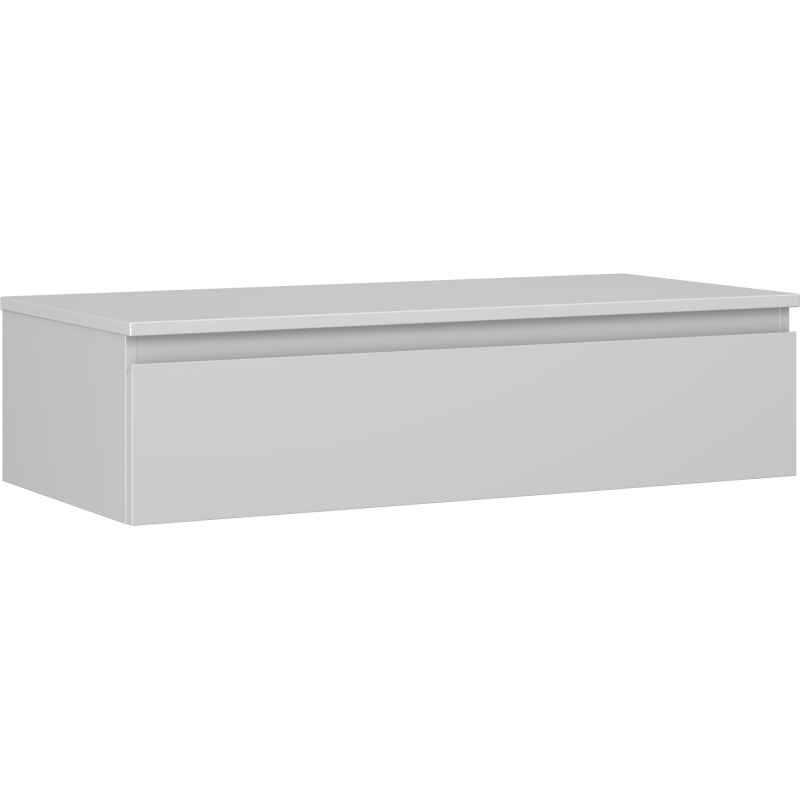 Servantskap 100 cm i hvit utførelse med rene linjer og skjulte håndtak, sett fra skrå vinkel.