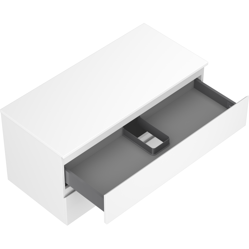 Servantskap uten vask 100 cm hvit matt med åpen skuff, grå innerskuff og sort plastboks.