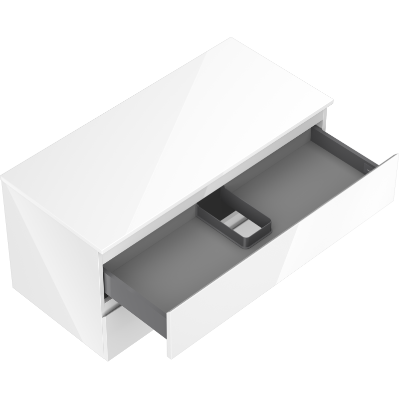 Servantskap uten vask 100 cm Mexen Orio i hvit høyglans med åpen grå innerskuff og organisasjonsbrett.