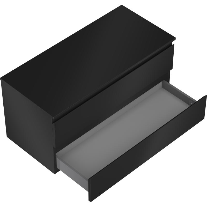 Servantskap til bad i svart matt med to skuffer, nederste skuff trukket ut og sett skrått ovenfra.