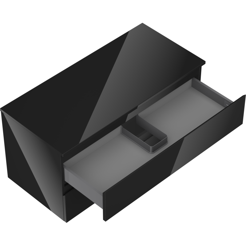 Servantskap uten vask svart høyglans Mexen Orio med åpen skuff og synlig innsats, skrå vinkel.