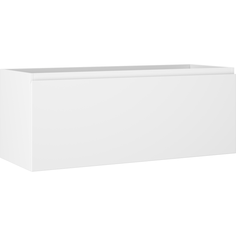 Servantskap 120 cm hvit matt med én skuff, vist fra skrå vinkel uten synlige håndtak.
