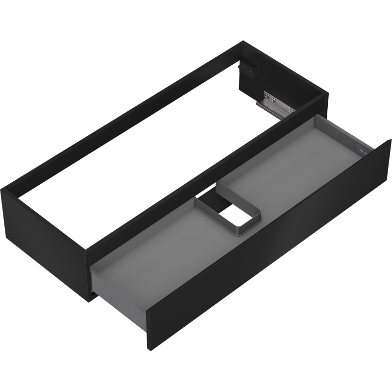 Servantskap uten vask 120 cm svart matt med åpen skuff og U-formet grått indre rom.