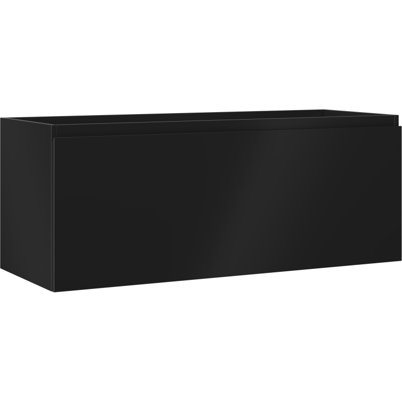 Servantskap 120 cm svart matt med en skuff, sett fra hjørne i vinkel.