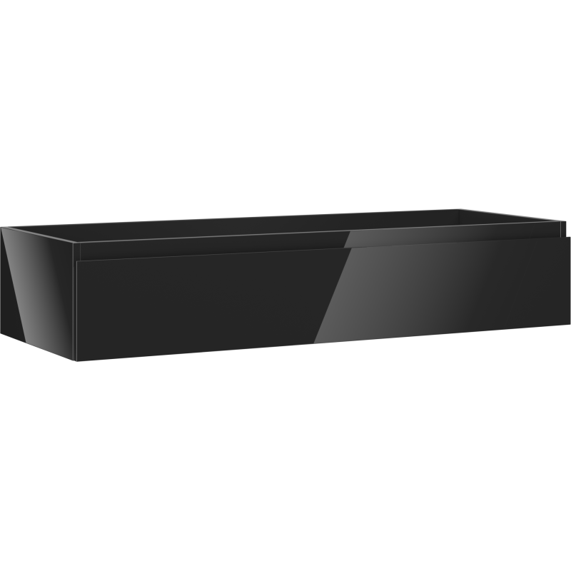 Servantskap 120 cm svart høyglans med én skuff, veggmontert, sett fra skrå vinkel.