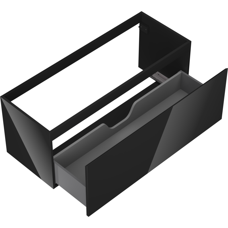Servantskap uten vask svart høyglans 120 cm med åpen skuff og innvendig rominndeling.