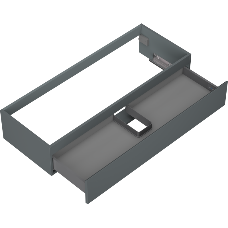 Servantskap uten vask 120 cm grafitt matt med én skuff og svart innsats sett ovenfra.