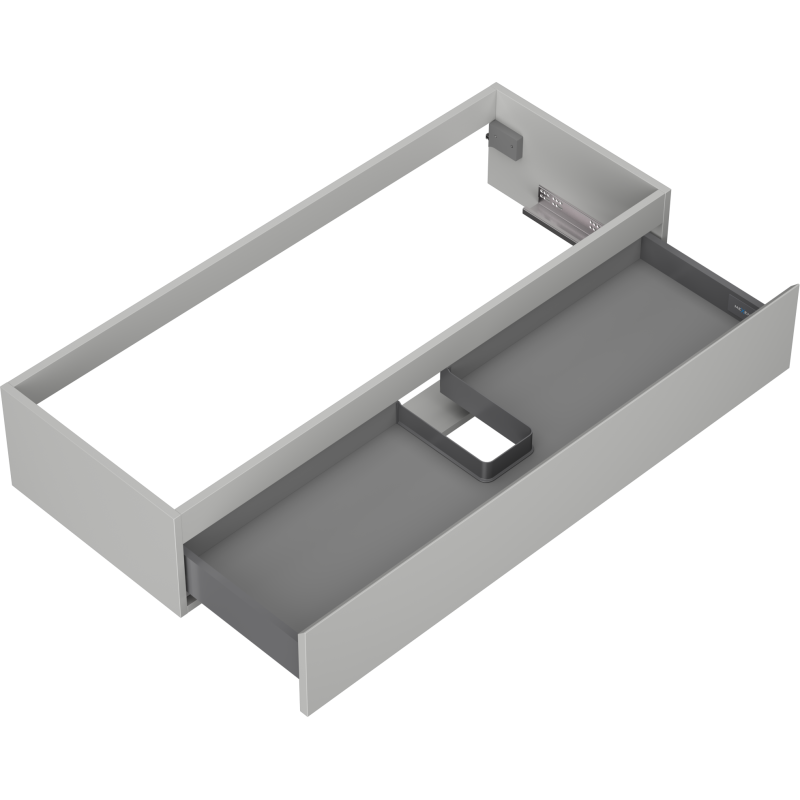 Servantskap uten vask 120 cm grå matt med én skuff og utsparing for rør, sett ovenfra.