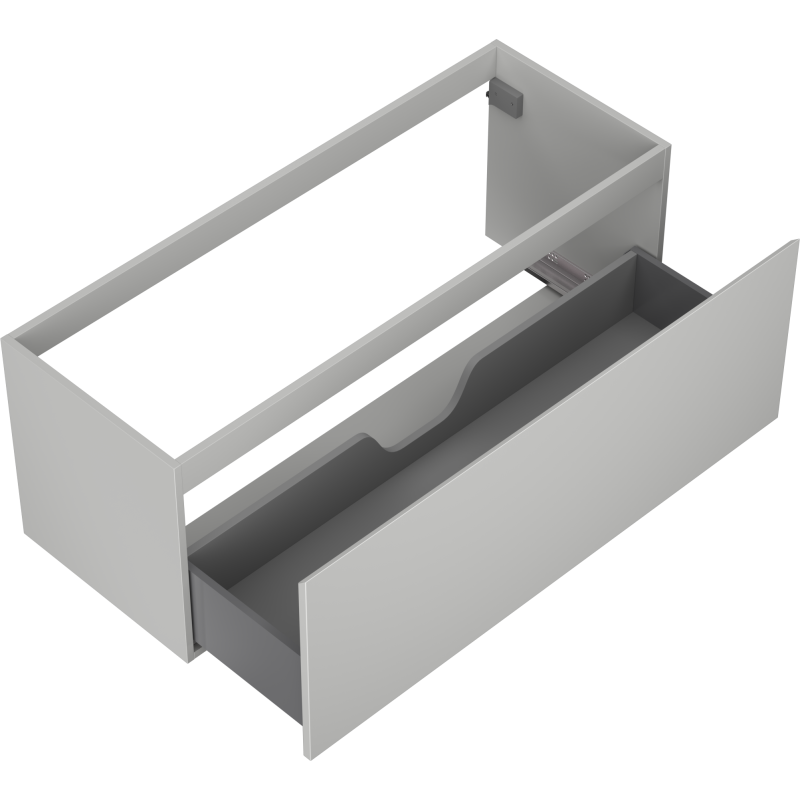 Servantskap uten vask 120 cm grå matt med én delvis åpen skuff og U-formet utsparing.