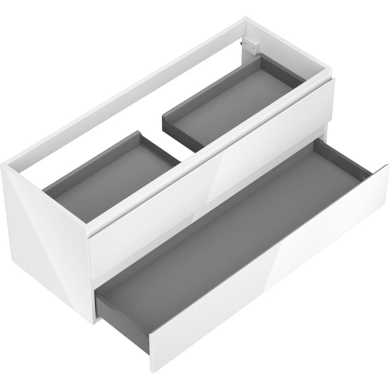 Servantskap til bad 120 cm i hvit høyglans, sett ovenfra med åpne grå skuffer.