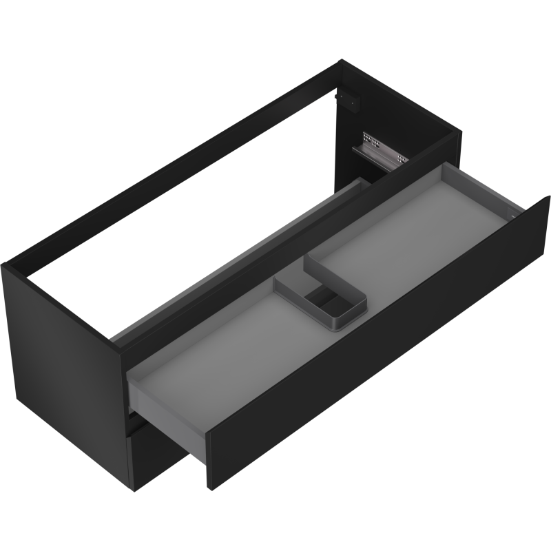 Servantskap uten vask svart matt Mexen Orio med åpen skuff og grå, romslig inndeling.