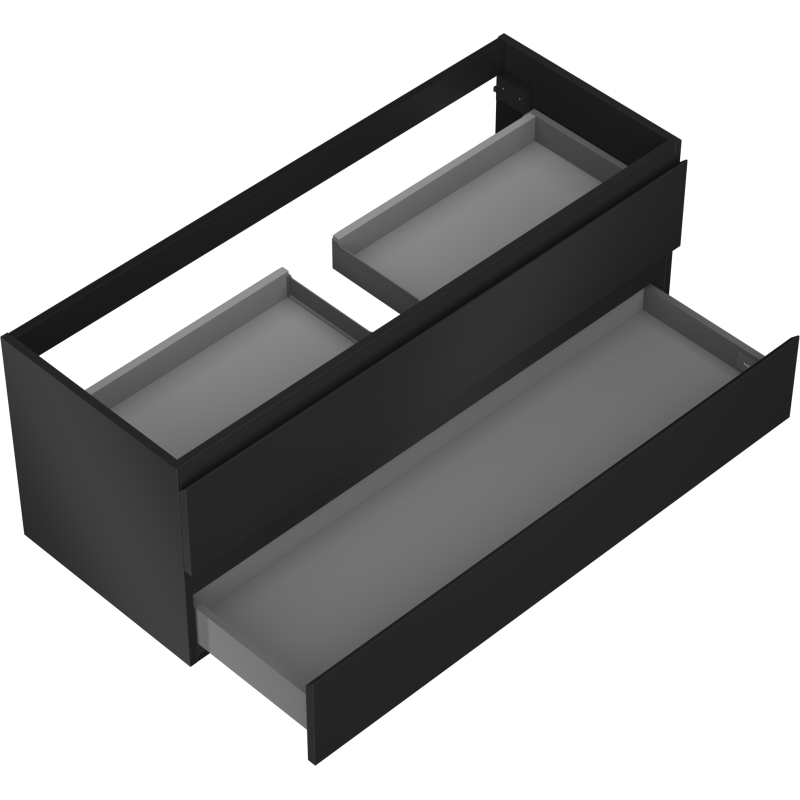 Servantskap til bad i svart matt med to små og én stor åpen skuff, sett skrått ovenfra.