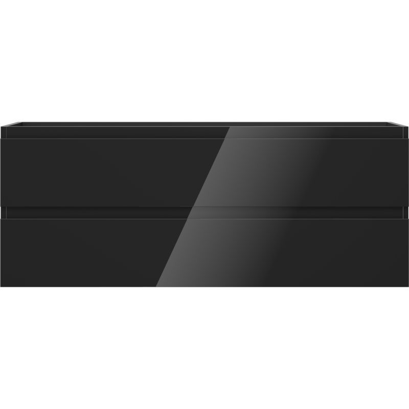 Underskap til servant Mexen Orio 120 cm i svart høyglans med to skuffer, sett forfra mot svart bakgrunn.
