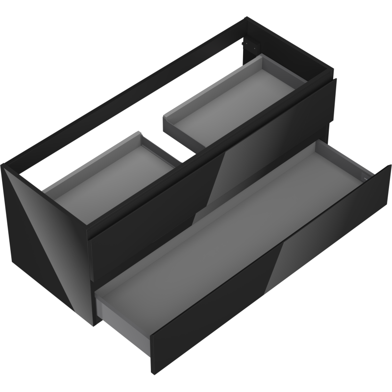 Servantskap til bad 120 cm svart høyglans med to åpne skuffer sett fra skrått topp-perspektiv.