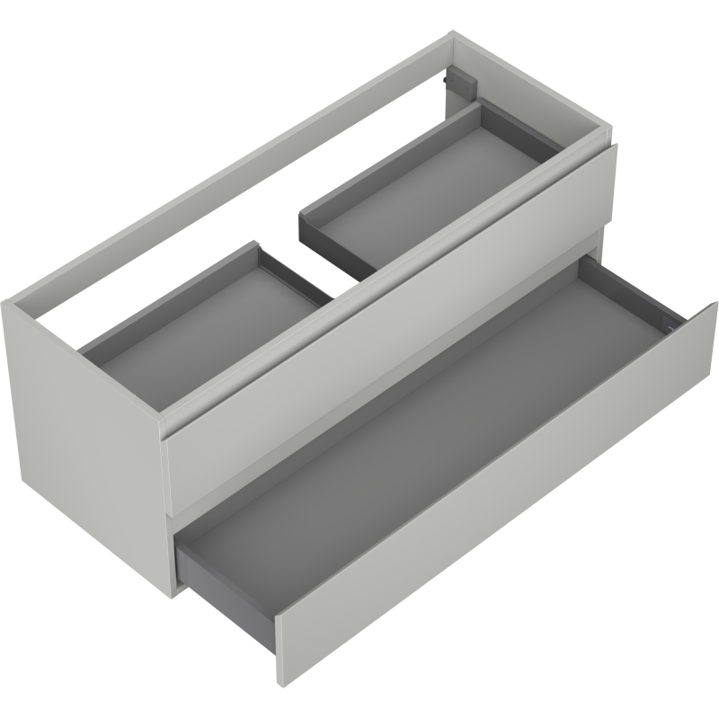 Servantskap til bad i lys grå matt med to åpne skuffer, sett ovenfra uten synlige håndtak.