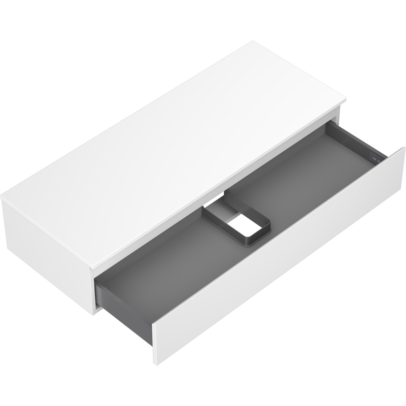 Servantskap uten vask 120 cm hvit matt med åpen grå skuff og integrert romdeler, sett ovenfra.