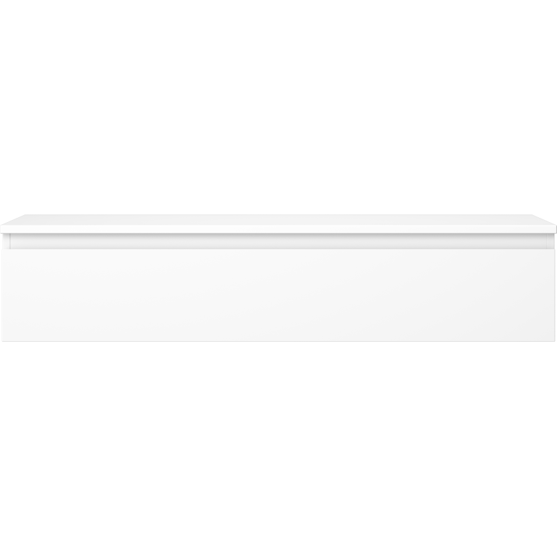 Underskap til servant 120 cm hvit matt med én skuff, sett forfra, minimalistisk design uten håndtak.