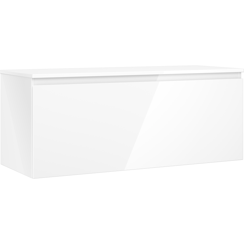Servantskap 120 cm i hvit høyglans med glatt front uten håndtak, sett fra skrå vinkel.