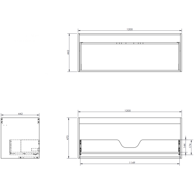 Servantskap til bad teknisk tegning av Mexen Orio 120 cm med mål og skisser fra flere vinkler.