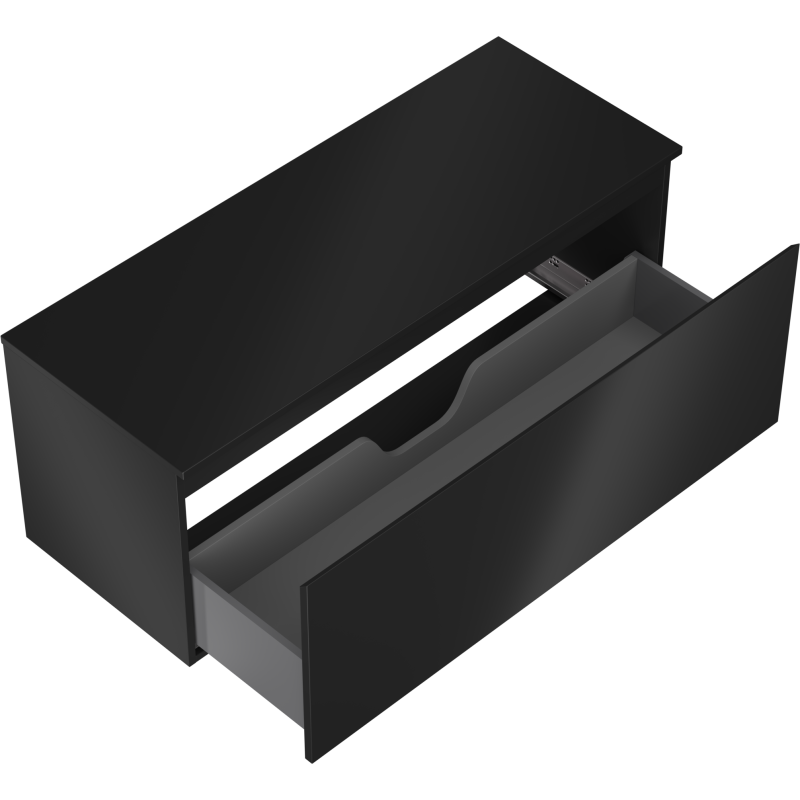 Servantskap uten vask svart matt Orio 120 cm med åpen skuff og utsparing, sett skrått ovenfra.