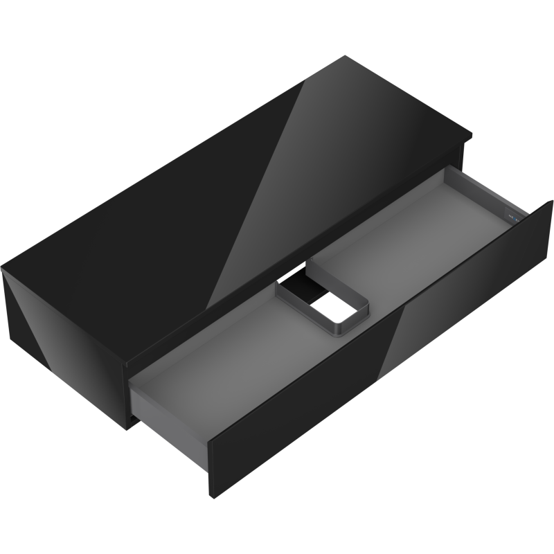 Servantskap uten vask 120 cm svart høyglans med åpen skuff og rominndeling, sett skrått ovenfra.