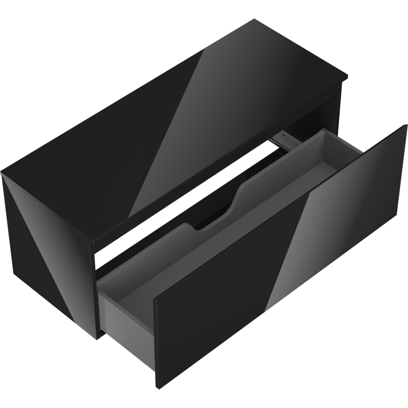 Servantskap uten vask svart høyglans Mexen Orio 120 cm med åpen skuff og innvendig avdeling.