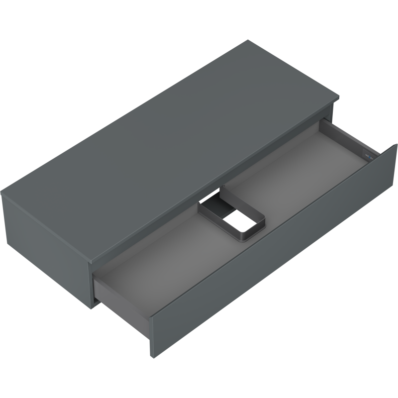 Servantskap uten vask 120 cm grafitt matt med åpen skuff og innvendig romdeler sett ovenfra.