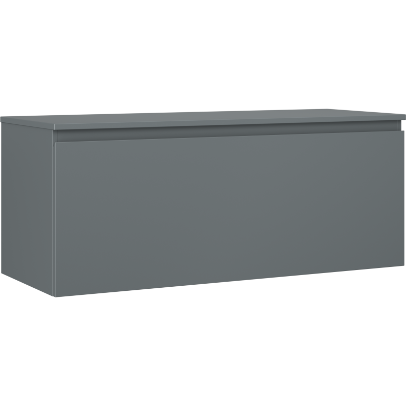 Servantskap 120 cm grafitt matt med én skuff, rektangulær form, vist fra skrå vinkel.