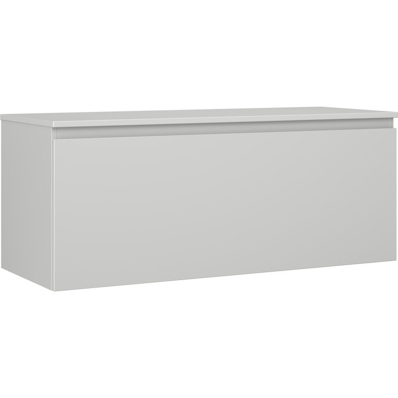 Servantskap 120 cm grå matt veggmontert med én skuff, sett fra skrå vinkel forfra.