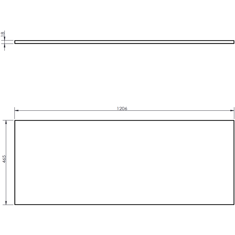 Underskap til servant teknisk tegning av rektangulær plate med mål 1206x465x18 mm.
