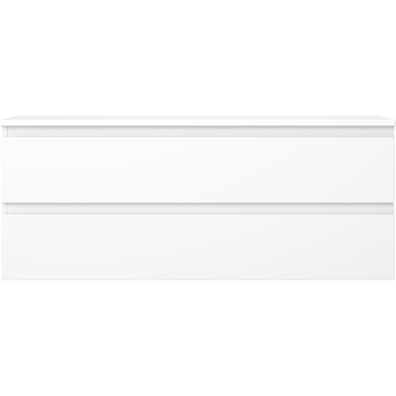 Underskap til servant 120 cm hvit matt med to store skuffer, sett rett forfra uten synlige håndtak.