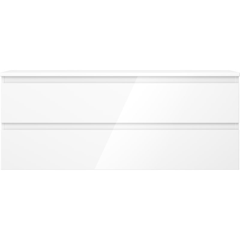 Underskap til servant i hvit høyglans med to brede skuffer, sett rett forfra uten synlige håndtak.