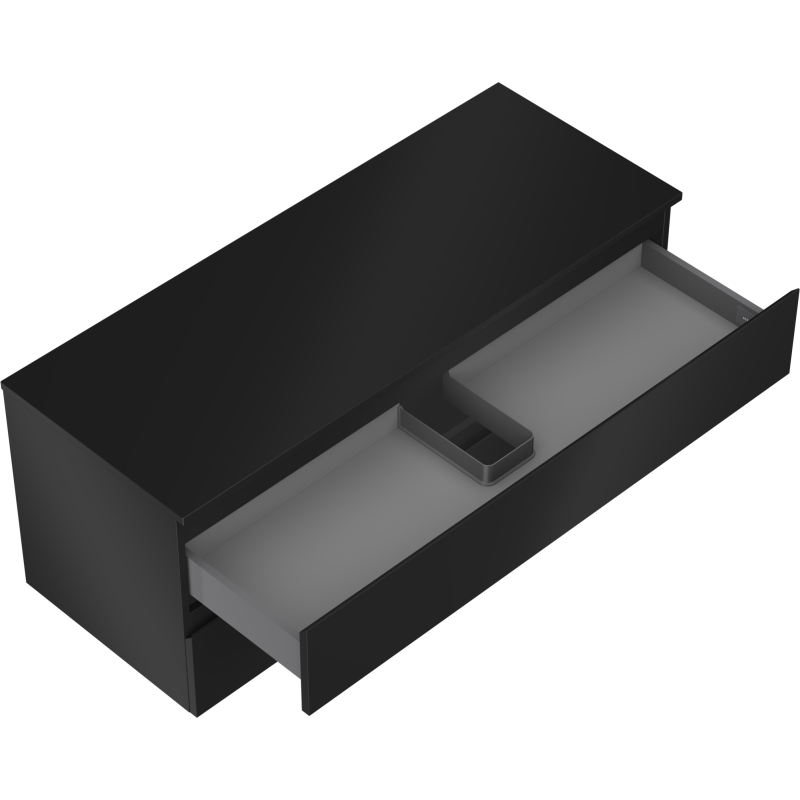 Servantskap uten vask 120 cm svart matt med to skuffer, grått inndelingssystem, skrå vinkel.