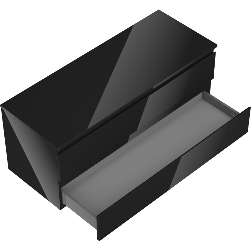 Servantskap til bad 120 cm svart høyglans med én stor skuff trukket ut, sett fra skrå vinkel.