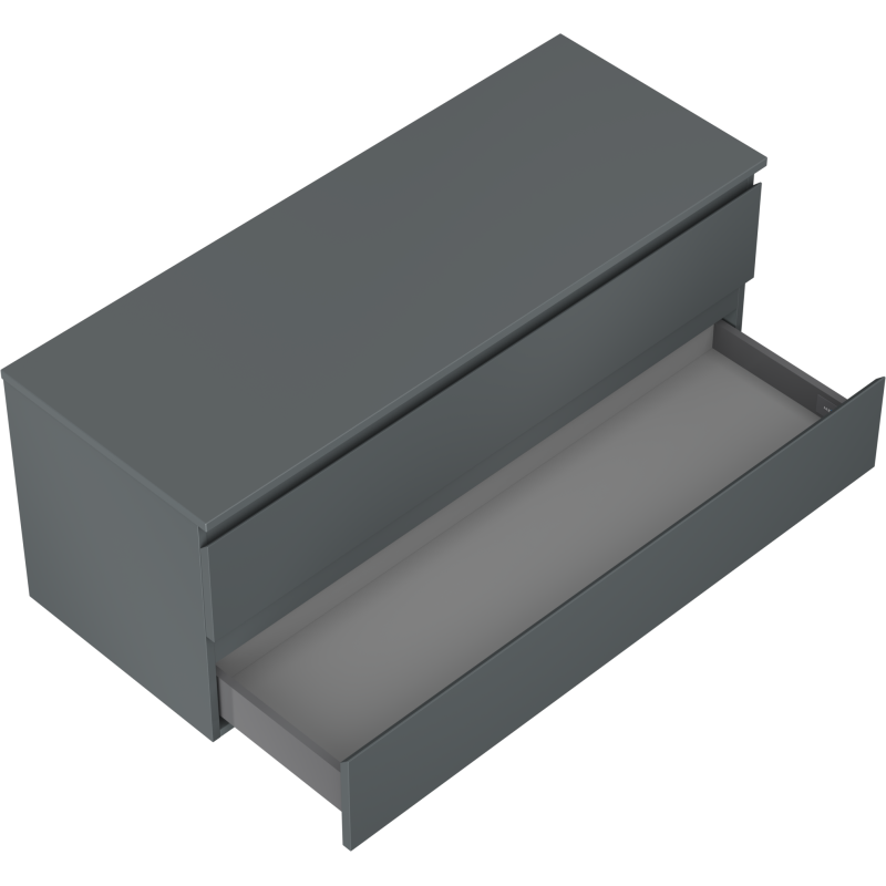 Servantskap til bad i grafitt matt, skrå vinkel med åpen stor skuff som viser romslig innside.