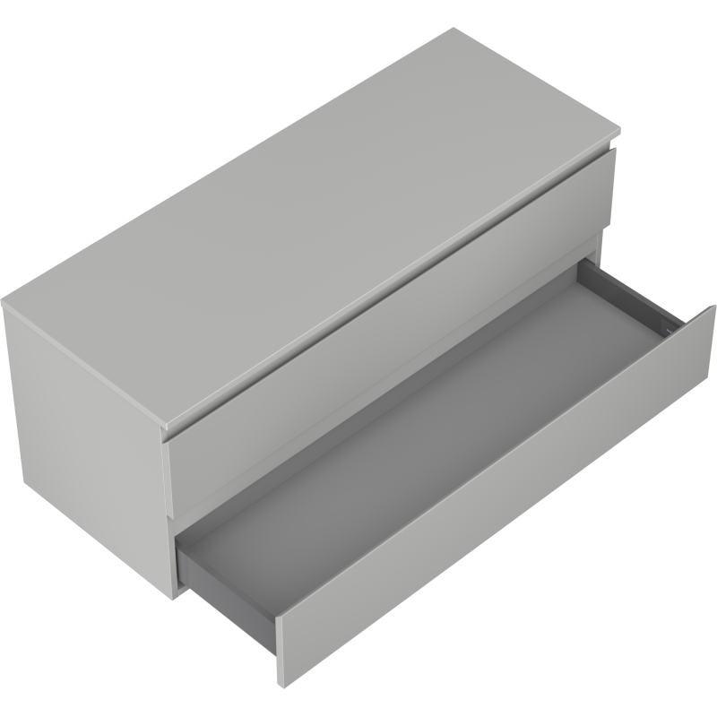 Servantskap til bad Mexen Orio 120 cm i grå matt, to skuffer, sett skrått ovenfra.