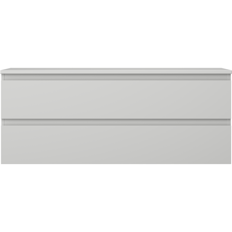 Underskap til servant i lys grå matt finish med to brede skuffer, sett rett forfra.