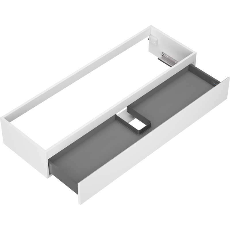 Servantskap uten vask 140 cm Orio sett ovenfra med åpen skuff og utsparing til rør.