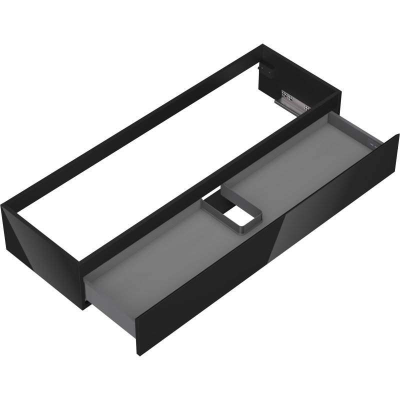 Servantskap uten vask svart høyglans 140 cm med én stor skuff og utskåret rom, sett skrått ovenfra.