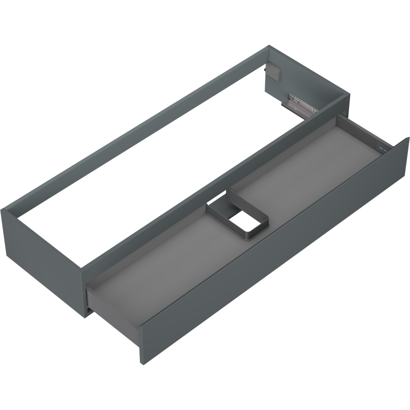 Servantskap uten vask 140 cm Mexen Orio, grafitt matt, skråvisning av åpen skuff med avdeler.