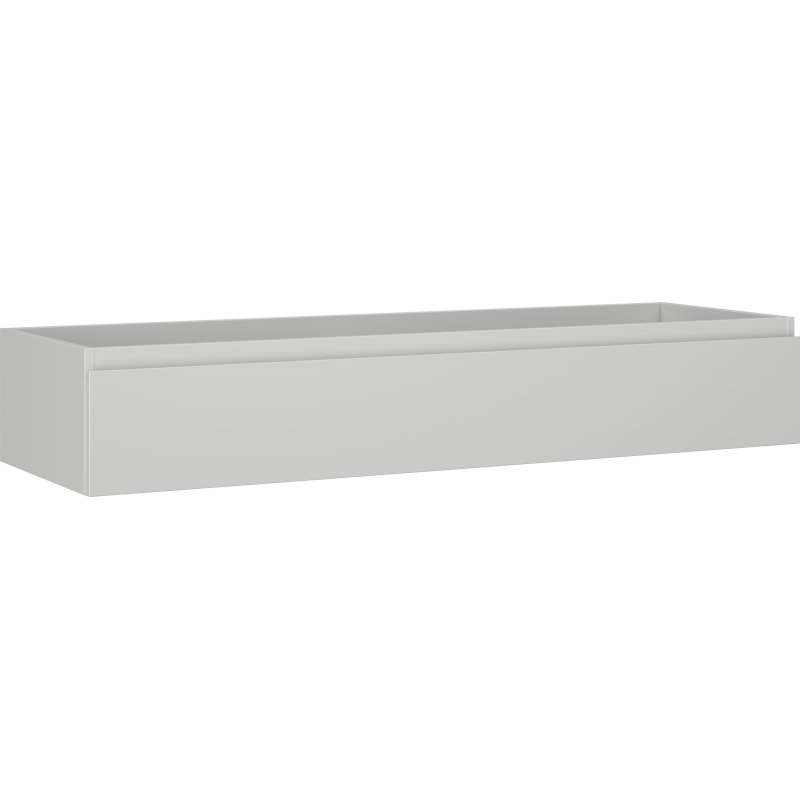 Servantskap 140 cm grå matt veggmontert med én glatt skuff sett fra skrå vinkel.