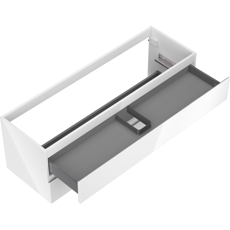 Servantskap uten vask 140 cm hvit høyglans med stor grå skuff og innvendig plastavdeler.