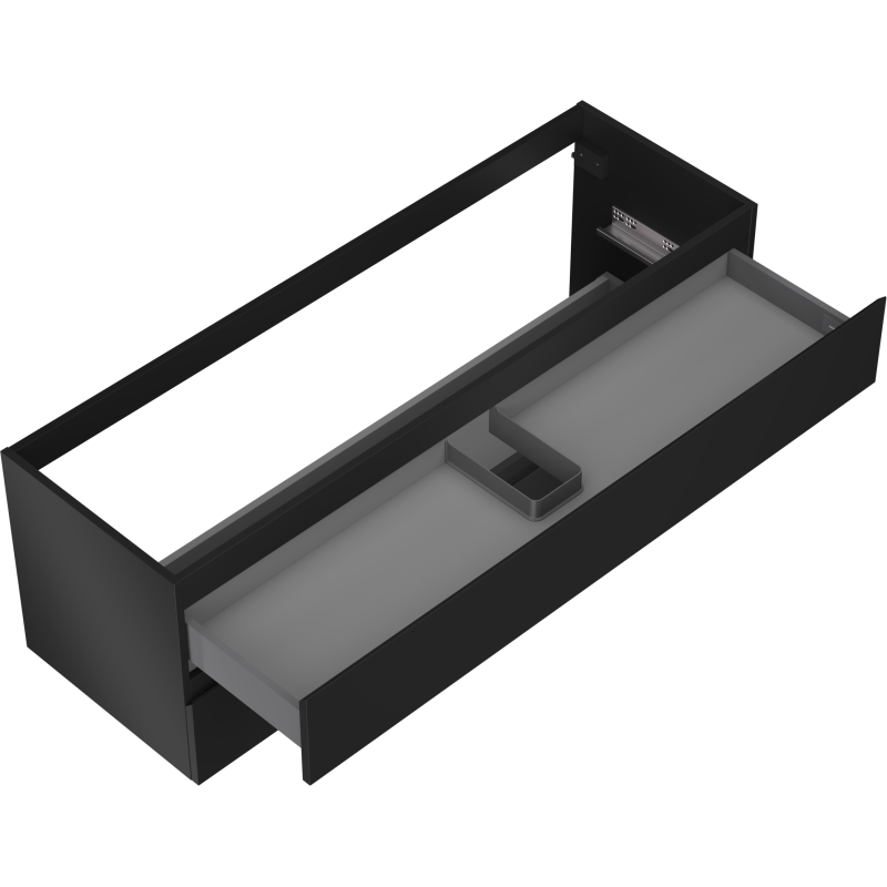 Servantskap uten vask svart matt skuff sett ovenfra med grått indre og integrert romdeler.