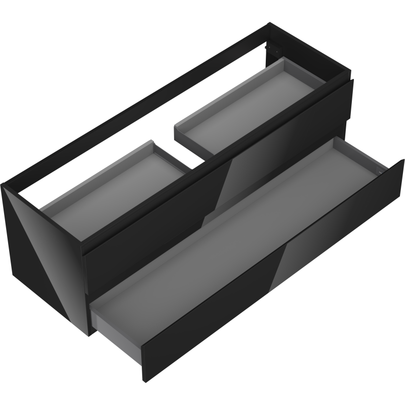Servantskap til bad svart skuffeinndeler i metall med to små og én stor skuffedel, sett skrått ovenfra.