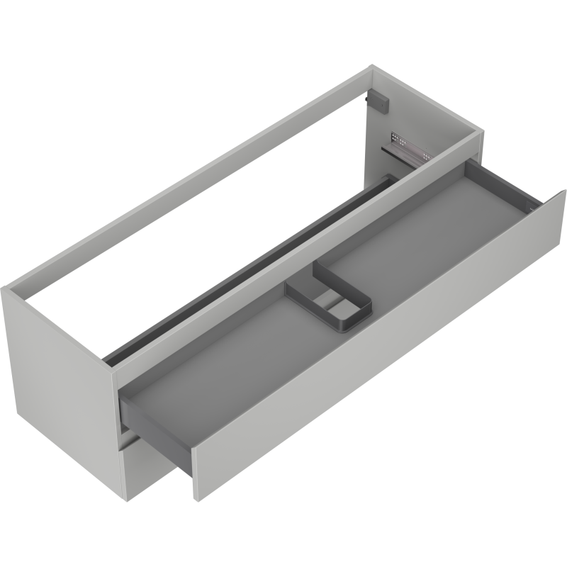 Servantskap uten vask 140 cm grå matt med to skuffer, delvis åpen og innvendig organizer.