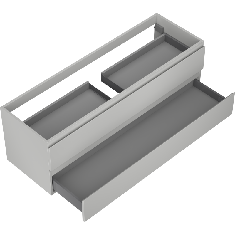 Servantskap til bad 140 cm Mexen Orio i grå matt, sett ovenfra med åpen stor skuff og to øvre rom.